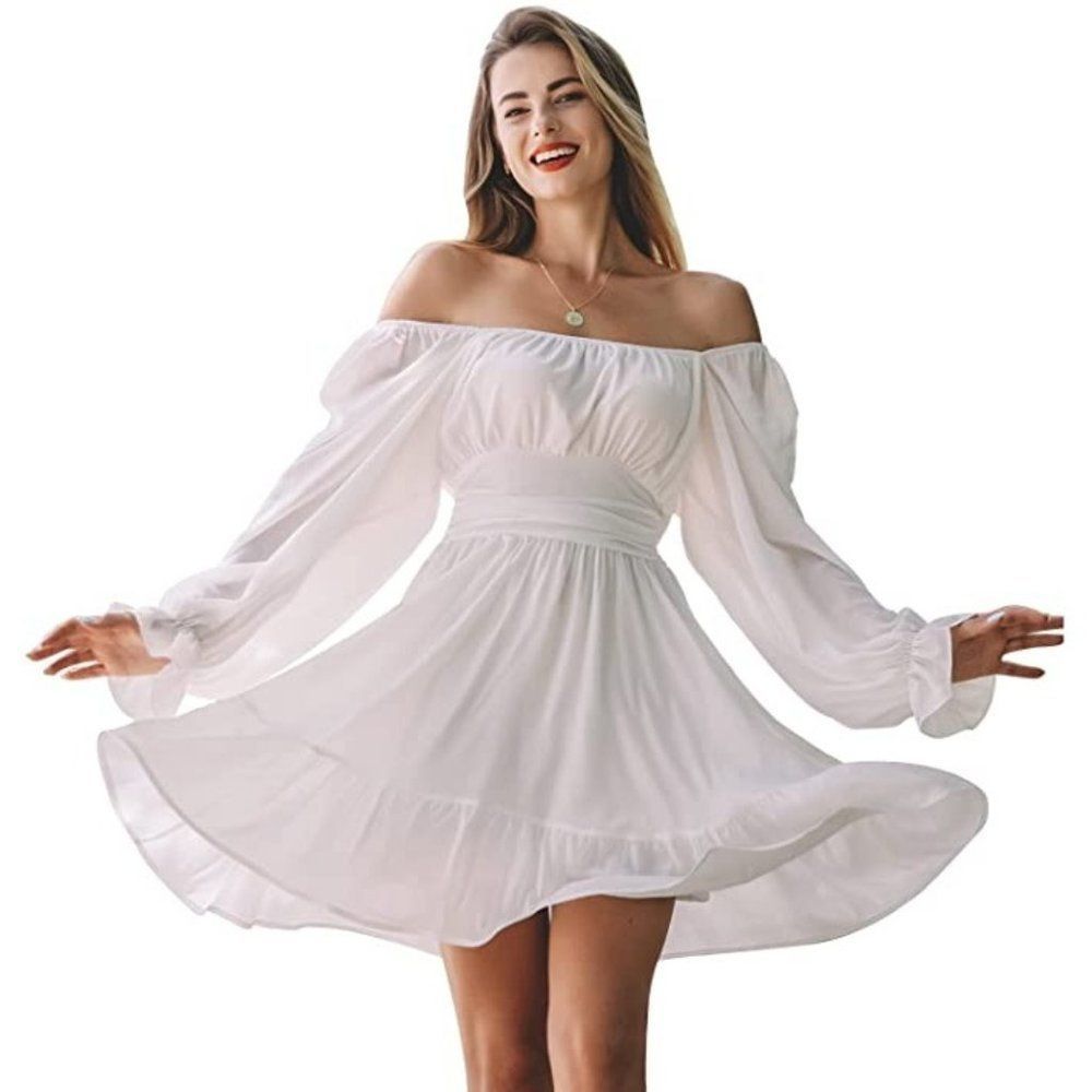 White A-Line Casual Mini Dress with a Tie Back and Long Lantern Sleeves